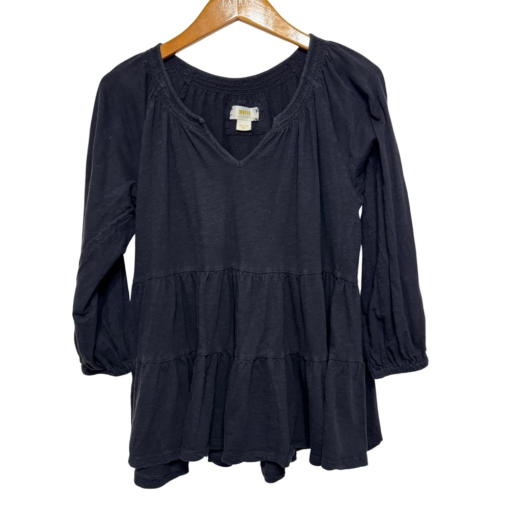 Maeve Anthropologie Isola Tiered Babydoll Top Medium Black‎